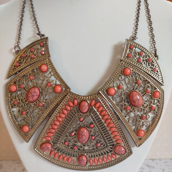 Jewelry - 👍 8 for$30 19" Vintage Statement Necklace Bronze Tone Coral Colored Faux Stones